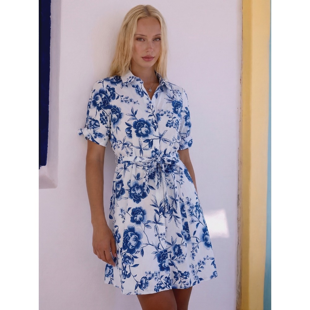 NWT Calvin Klein White Blue Floral Cotton Fit & Flare Dress Belted Pockets Sz 8